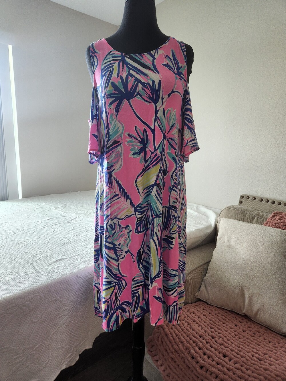 Lilly Pulitzer Pink Tropical Cold-Shoulder Midi Dress